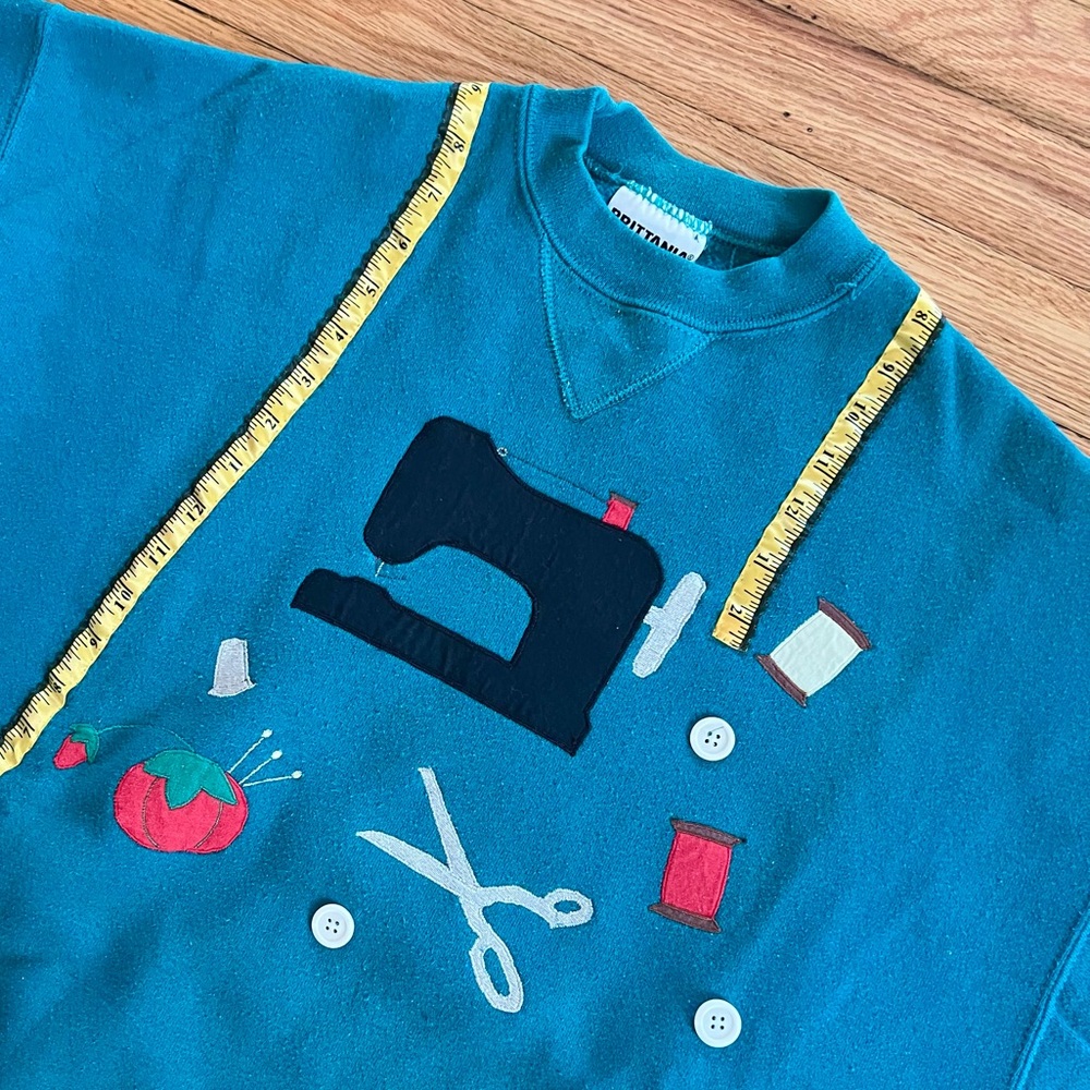 Vintage Brittania Teal Crewneck Seamstress Tailor Sewing Lovers